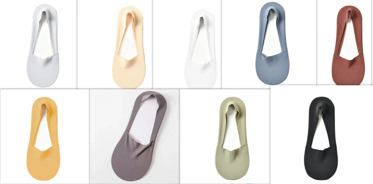 Silicone Non-Slip Shallow Boat Socks for Ladies in various colors, including black, skin, khaki, silver, and more.