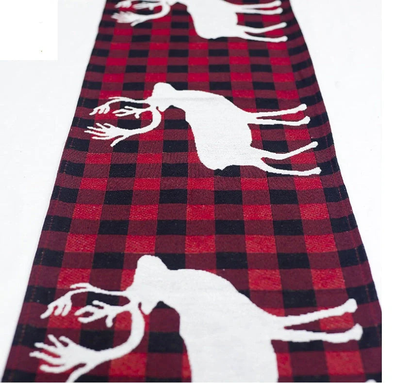 Christmas Elk Snowman Table Runner on a dining table, festive holiday decor