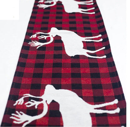 Christmas Elk Snowman Table Runner on a dining table, festive holiday decor