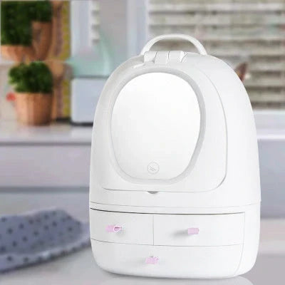Luxury USB-powered cosmetic storage organiser with adjustable double-sided makeup mirror for a flawless beauty routine