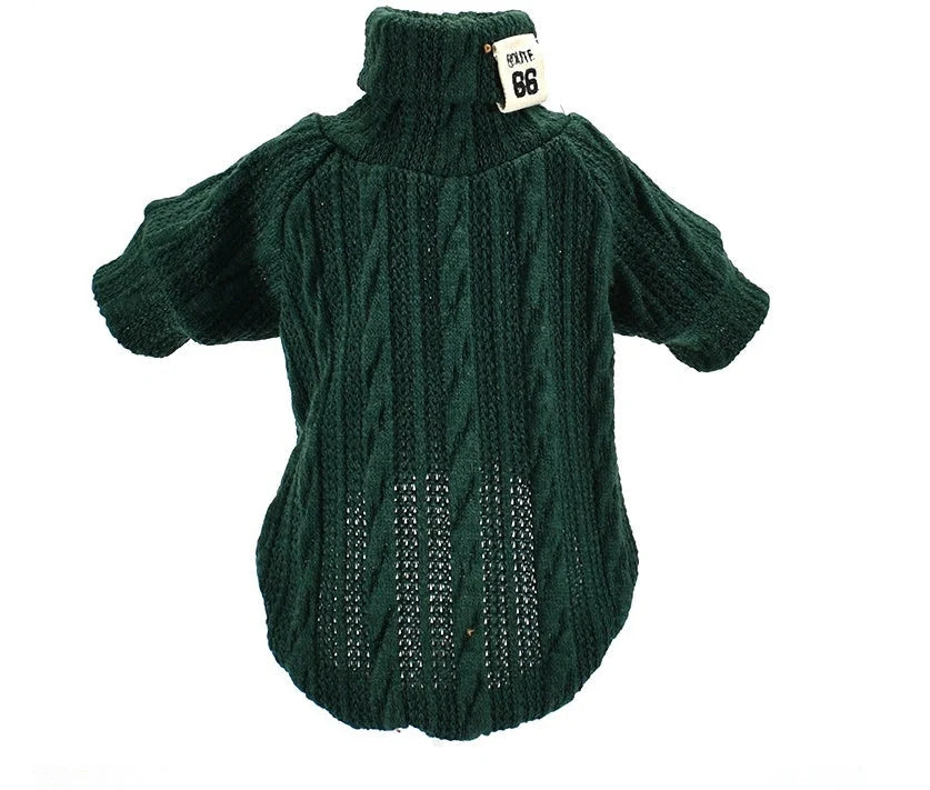 Dog wearing a warm acrylic turtleneck sweater in various colours, suitable for small to medium breeds.