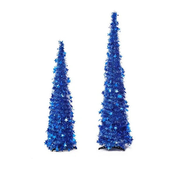 Collapsible artificial Christmas tree with stand and sequin decorations