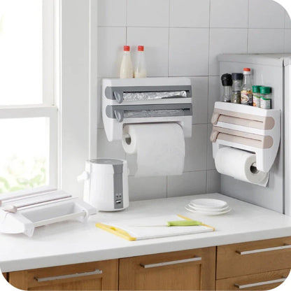 Premium wall-mounted cling film dispenser and cutter with compartments for storing and cutting kitchen wraps