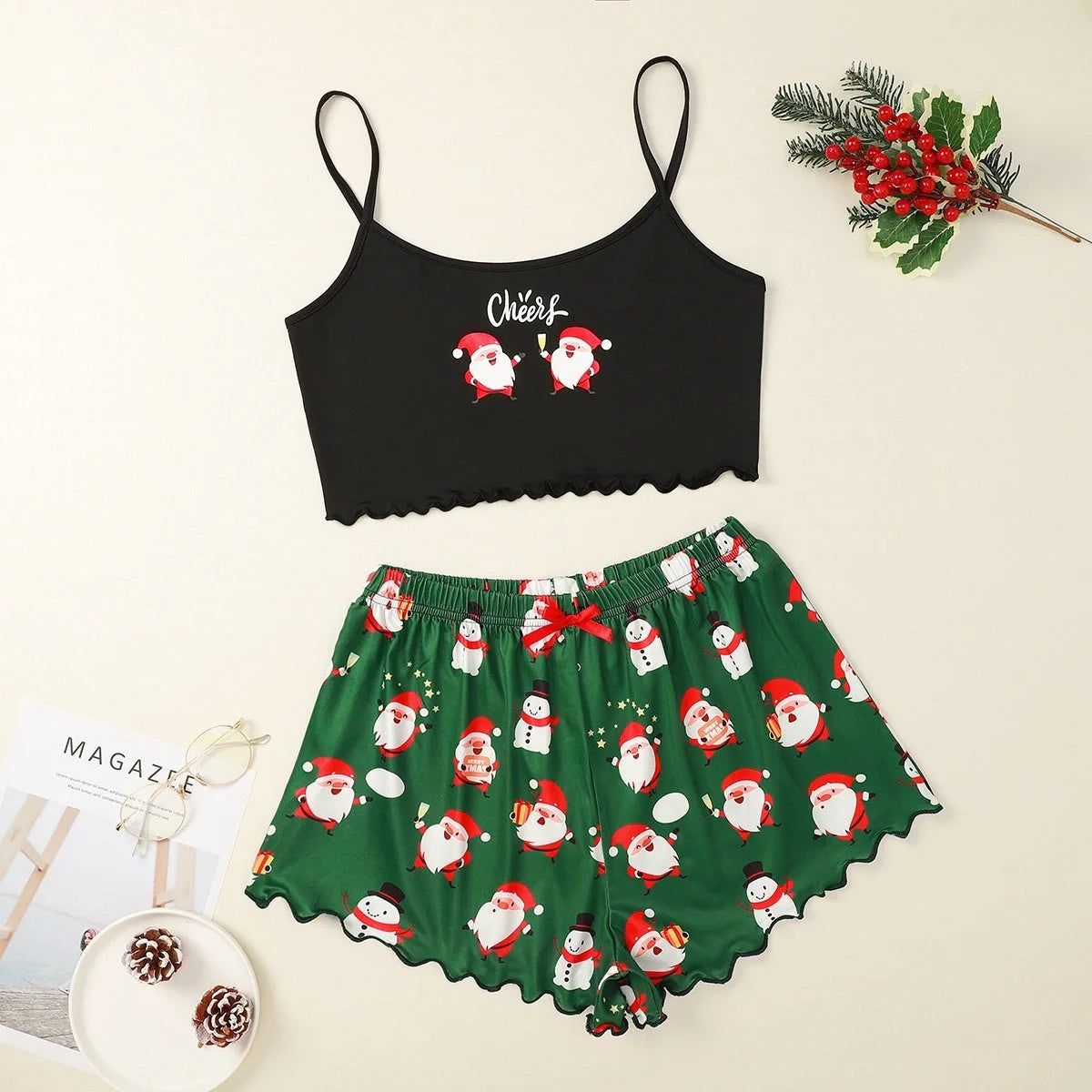 Women's Christmas-themed thin milk silk pajamas set with festive designs