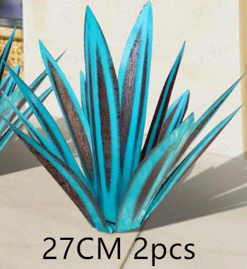 Handmade tequila agave metal sculpture in rustic finish with blue highlights
