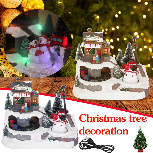 Glowing Christmas village decoration with rotating Snowman, Santa, and children, surrounded by colorful lights and playing festive music