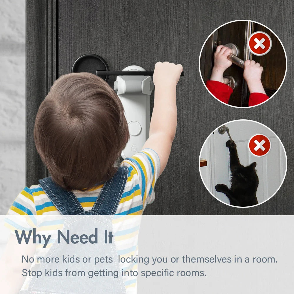 Children's door lever lock in enamel grey for safety and pet control