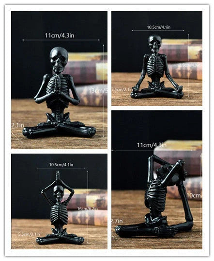 Haunting Halloween desktop ornaments, featuring intricate resin skulls and skeletons in black and vintage white finishes