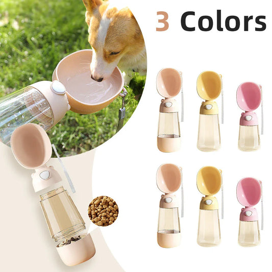 Portable pet water bottle with detachable drinking bowl, ideal for outdoor adventures with your furry companion
