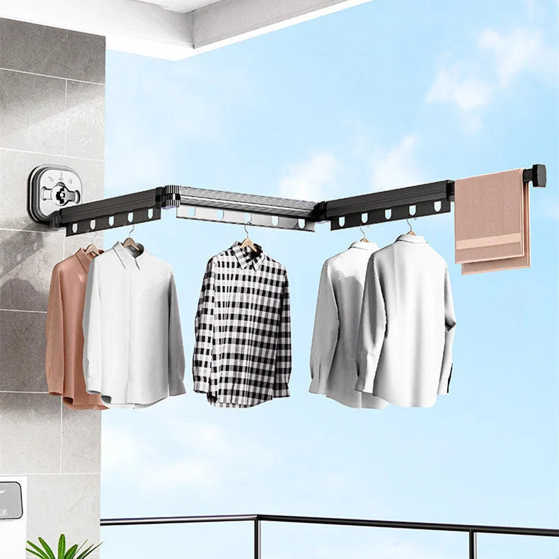 Aluminium suction cup folding clothes hanger with retractable drying rack for space-saving laundry drying