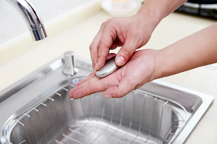 Oval stainless steel odour removal soap for modern kitchens