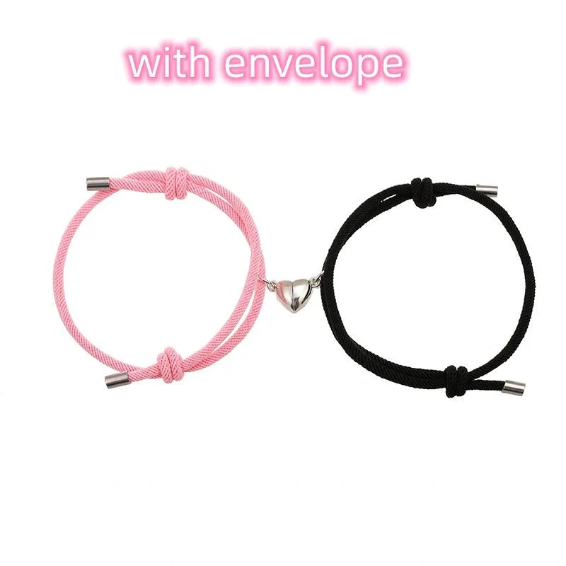 Adjustable nylon love magnetic bracelet with sticky metal heads in various colours