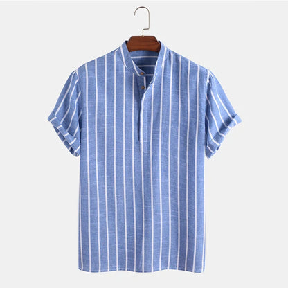 Men's striped cotton short sleeve shirt in white, red, grey, and blue