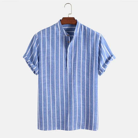 Men's striped cotton short sleeve shirt in white, red, grey, and blue