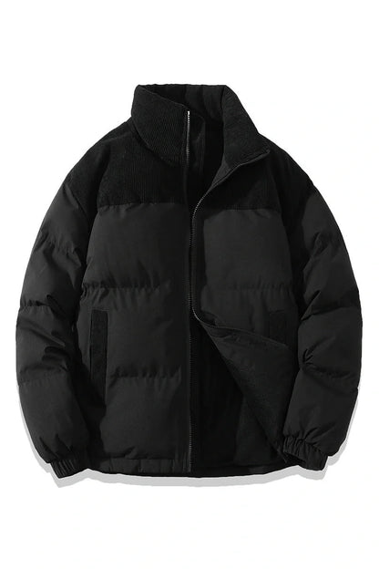A stylish padded winter coat with contrast-coloured accents, designed for both men and women to stay warm and look fashionable.