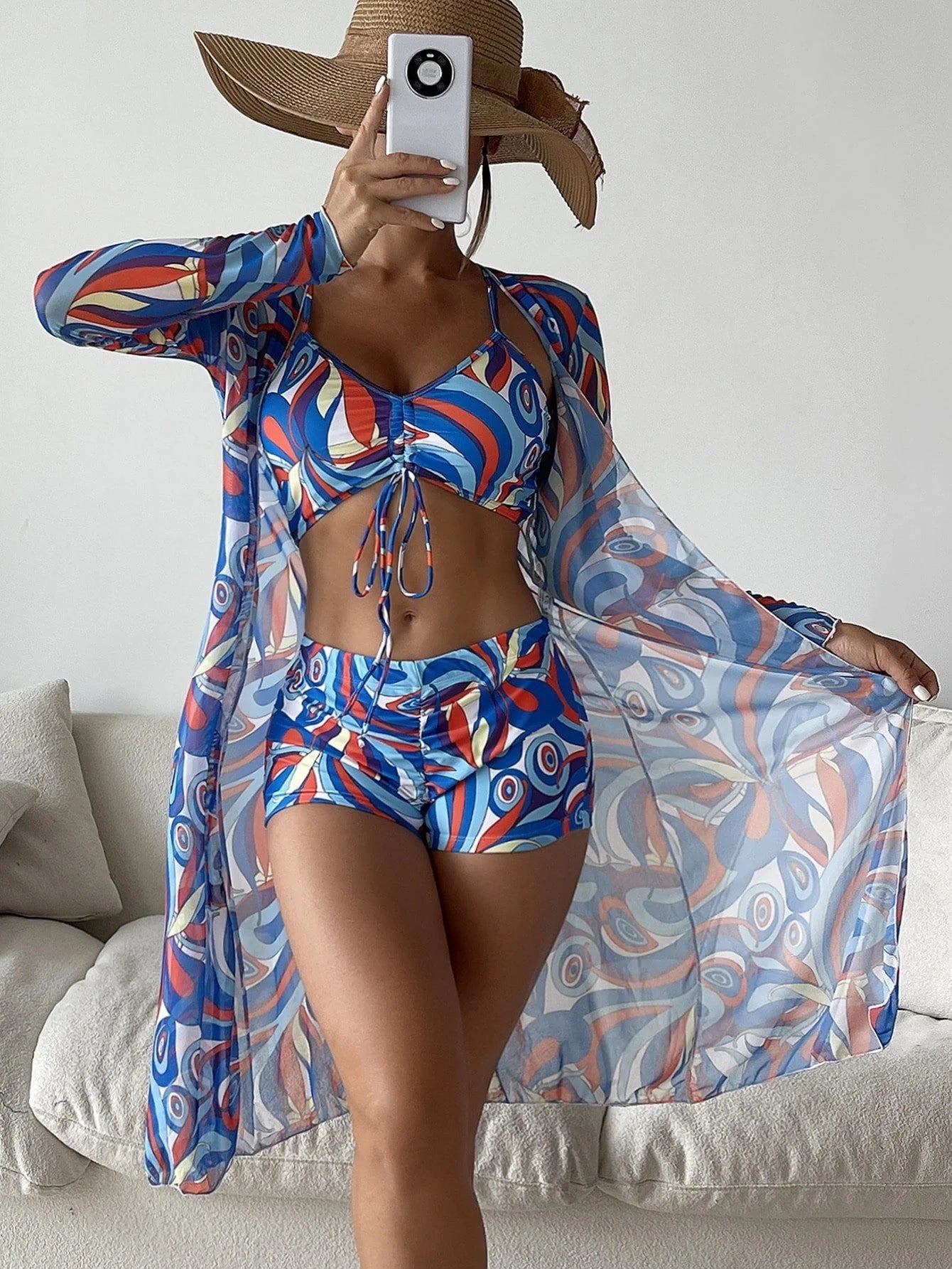 3-piece Pring bikini set with long sleeve cardigan for women, floral design