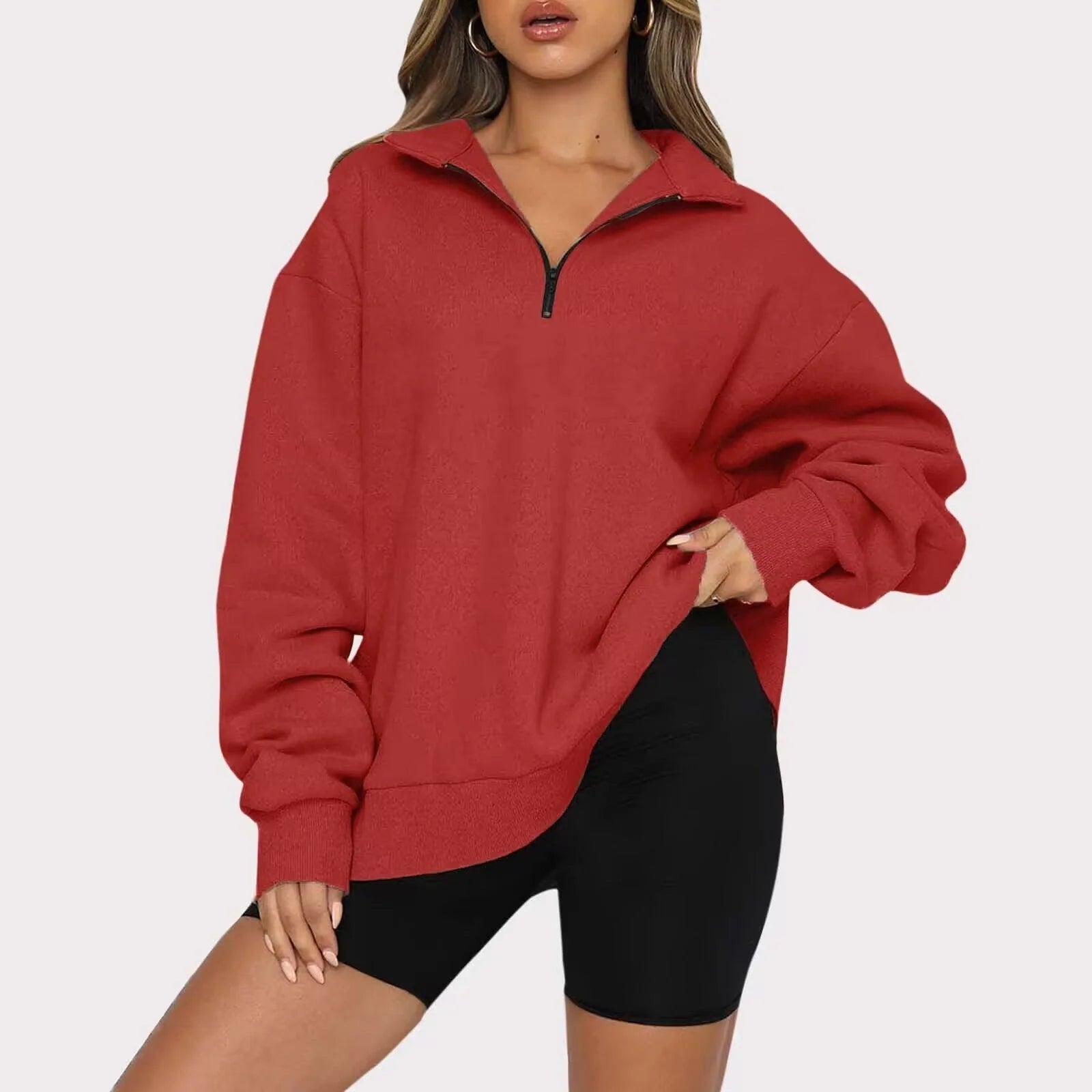 Women's zip turndown collar loose casual sweatshirt in various colours
