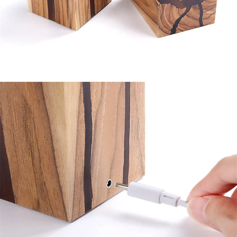 Adjustable wooden LED desk lamp with USB charging port in rustic brown finish