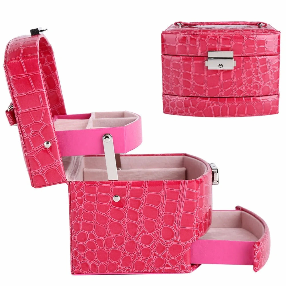 3-layer leather jewellery and makeup storage box with mirror in various colours