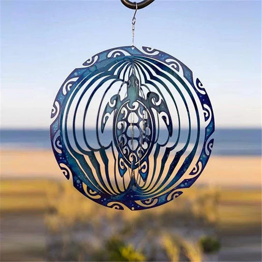 Elegant blue ocean turtle wind chime with shimmering metal blades and reflective paint, creating a captivating outdoor decoration