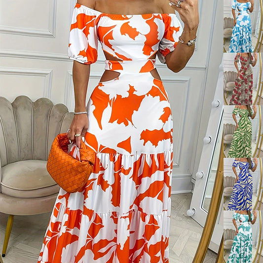 Elegant floral print chiffon summer dress with one-line collar and short sleeves