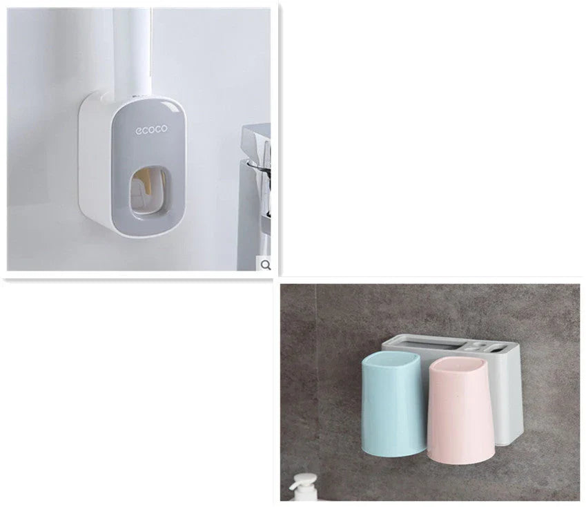 Wall-mounted automatic toothpaste dispenser with storage cups for toothbrush and bathroom accessories