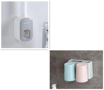 Wall-mounted automatic toothpaste dispenser with storage cups for toothbrush and bathroom accessories