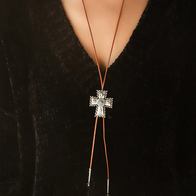 Retro Turquoise Cross Necklace for women with heart-shaped pendant