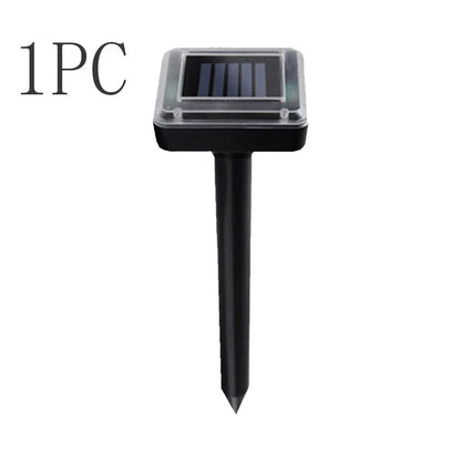 Solar-powered ultrasonic pest deterrent device for repelling moles, rats, snakes, and other burrowing pests from gardens and outdoor spaces