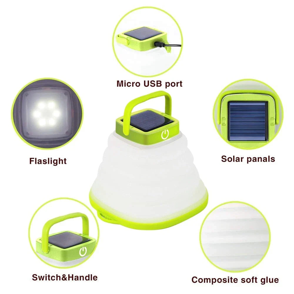 Collapsible camping lantern with solar charging, three brightness levels, and water-resistant design