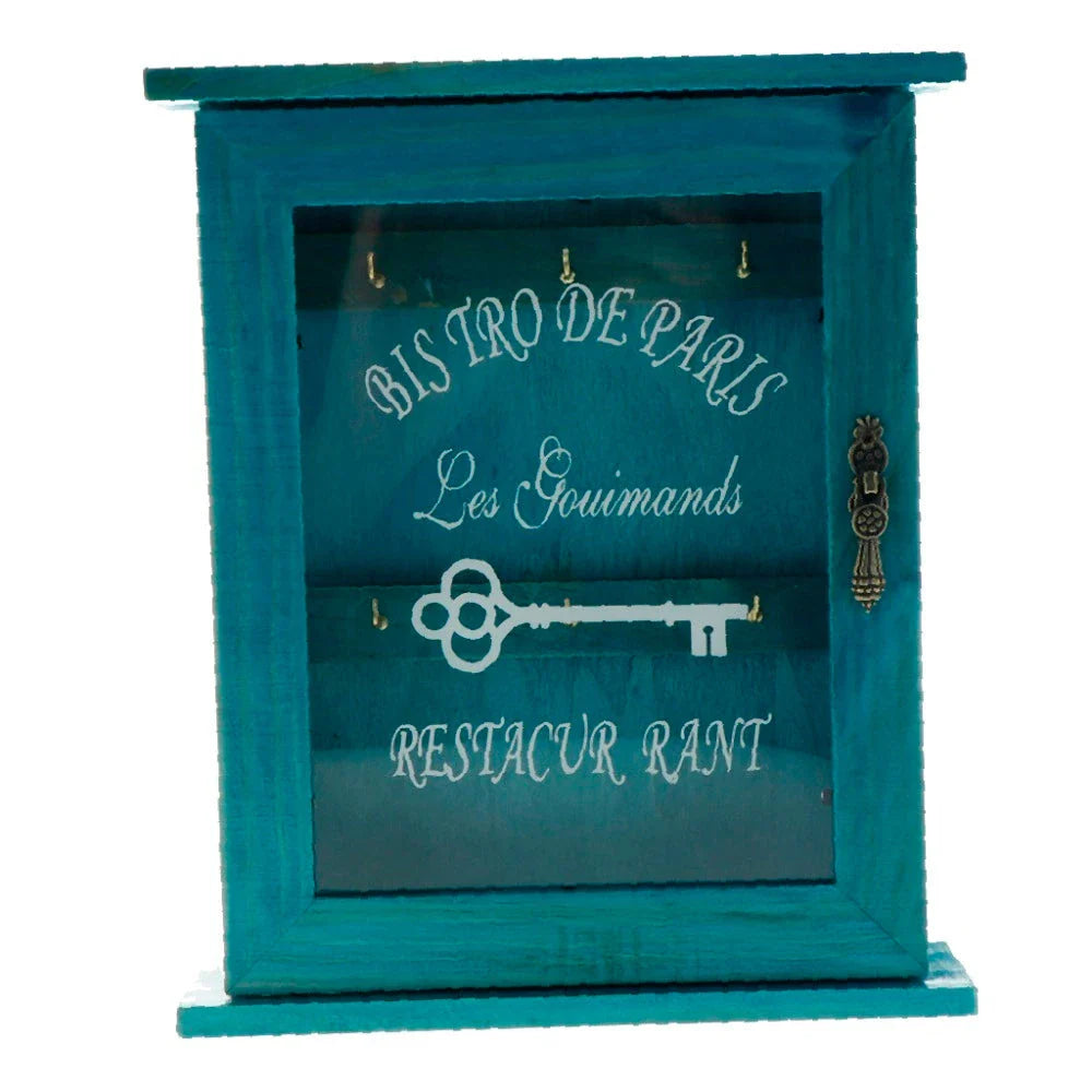 Vintage-style wooden key cabinet with six hanging hooks, offering a compact and stylish storage solution for your keys and small items.