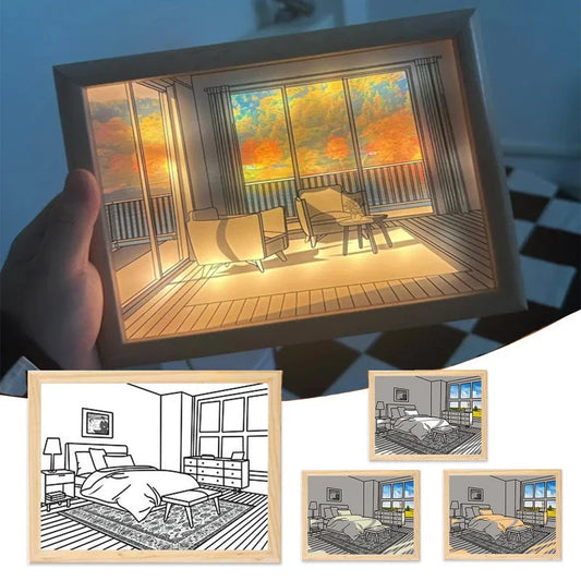 Illuminating LED picture light with customizable lighting modes, showcasing various nature scenes and cityscapes