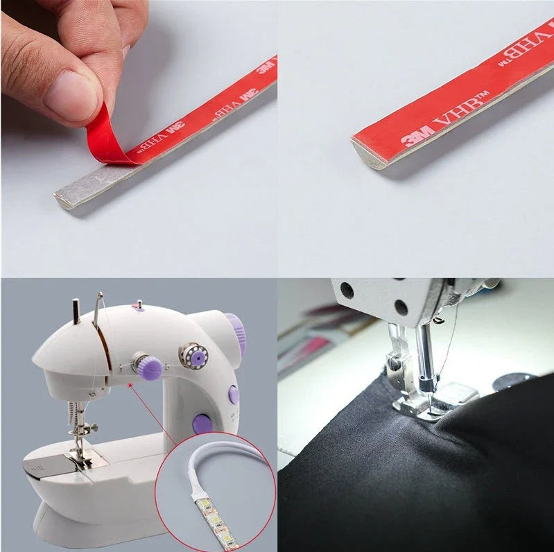 Adjustable LED light bar with touch-sensitive dimming controls for sewing machines, providing customizable lighting for sewing, quilting, and embroidery projects.