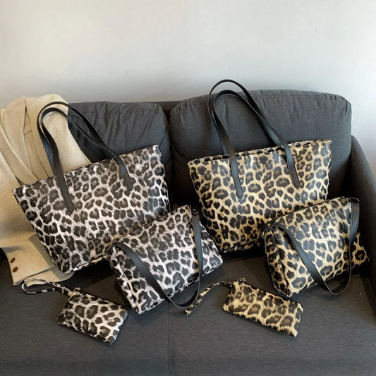 Leopard print tote set with multiple compartments and double shoulder straps