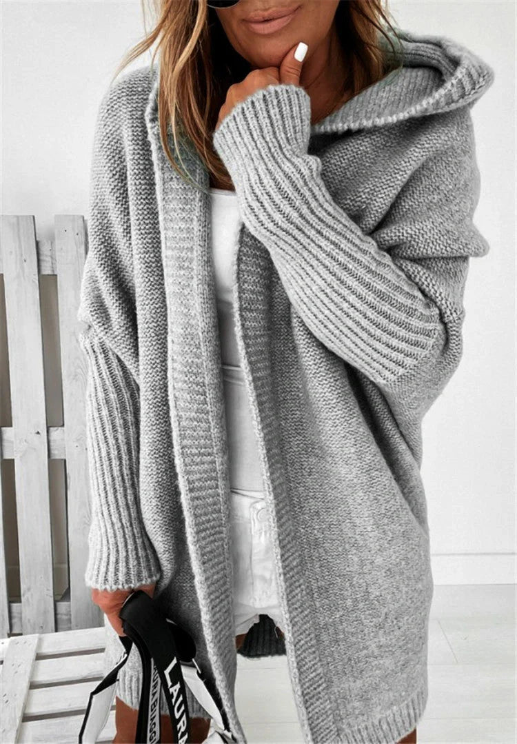 Women's bat sleeve hooded cardigan in sheep wool blend, available in multiple colours