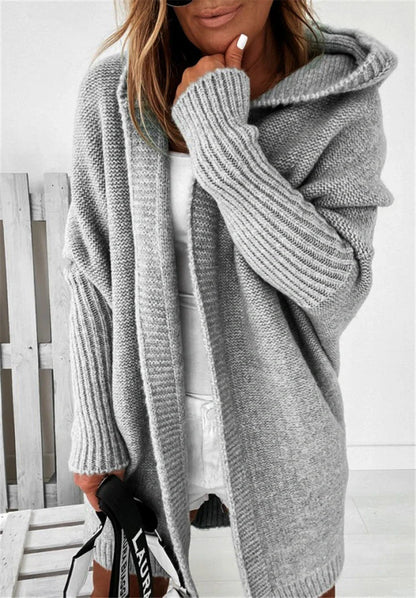 Women's bat sleeve hooded cardigan in sheep wool blend, available in multiple colours