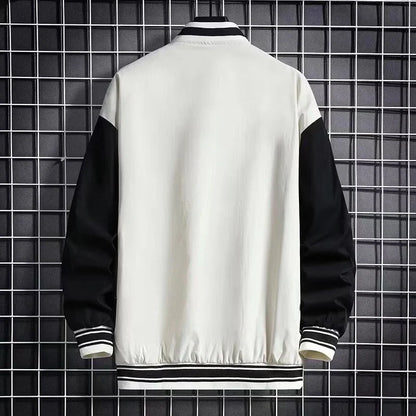 Stylish loose fit Hong Kong style baseball jacket for teens in black and beige