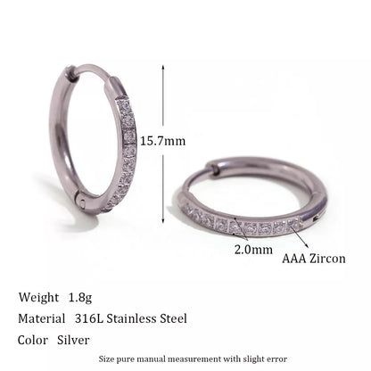 Women's titanium steel rounded edge zircon earrings in gold and steel finishes
