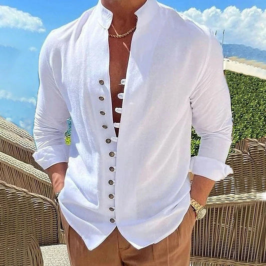 Men's retro button design long-sleeved shirt in various colours