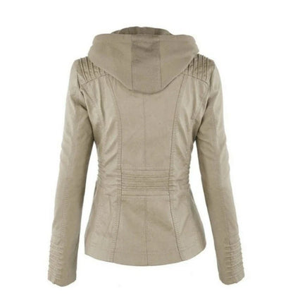 Versatile hooded leather jacket with spacious pockets and a sleek, sophisticated design for women