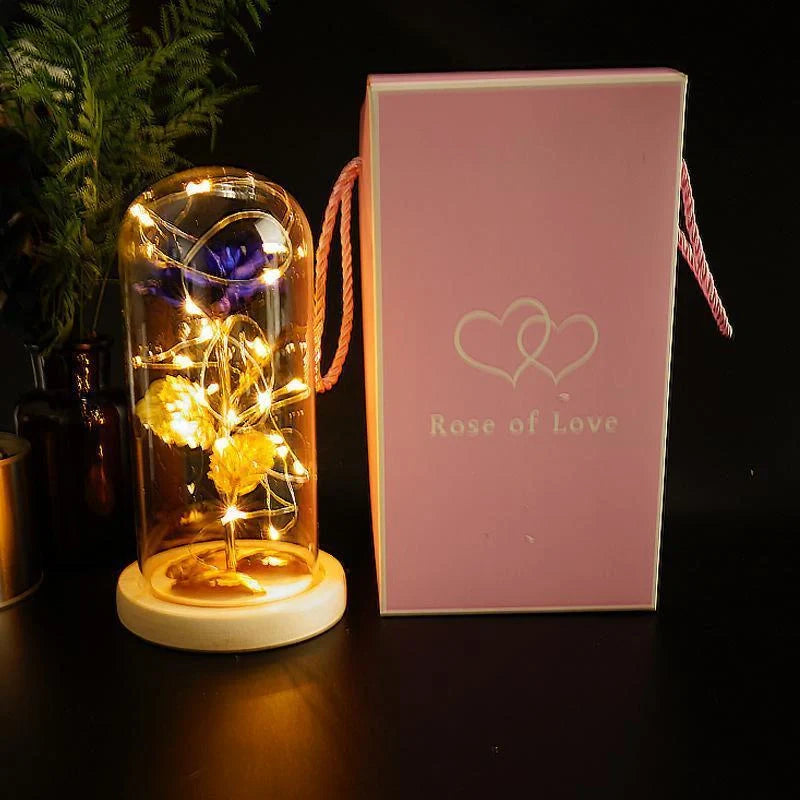 Enchanted Forever Rose in Glass LED Light decoration with realistic rose and wooden base
