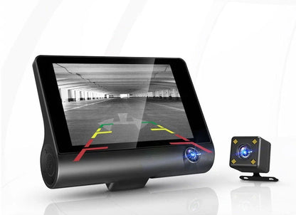 High-definition driving recorder with dual cameras, HDR and WDR support, and wide-angle lenses for comprehensive coverage