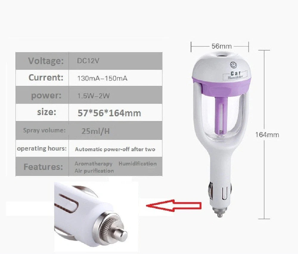 Mini 12V car steam humidifier with aroma diffuser and air purifier in blue, green, pink, and purple