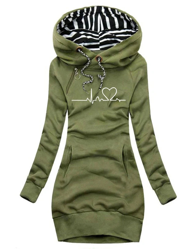 Women's heart print hoodie with geometric patterns and pockets
