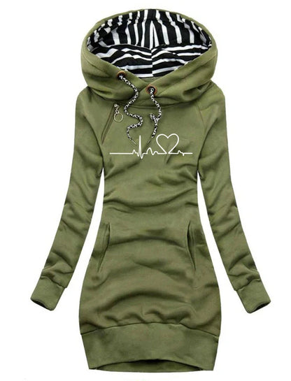 Women's heart print hoodie with geometric patterns and pockets