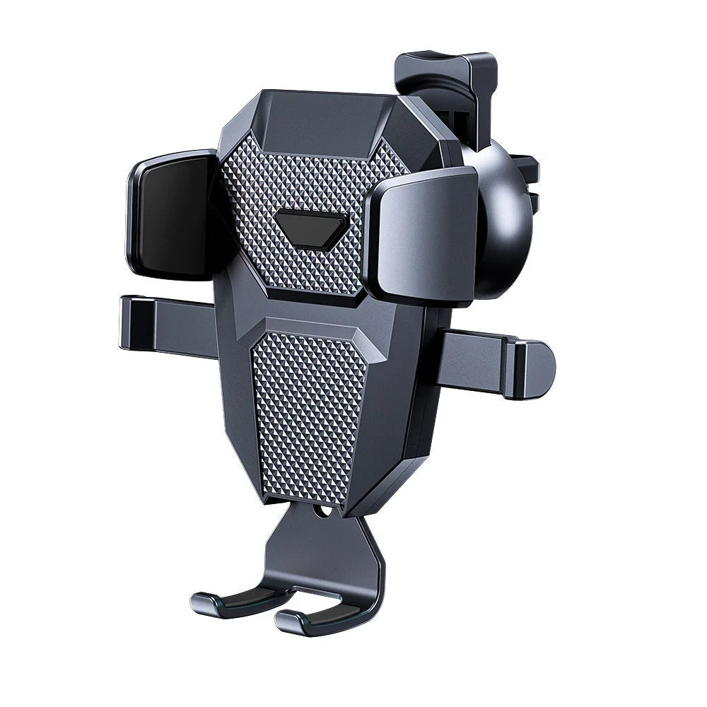 Universal car phone holder attached to air conditioning outlet, holding smartphone securely