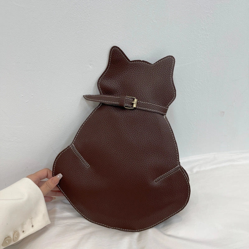 Women's PU leather cat-themed messenger shoulder bag in black, coffee, and brown