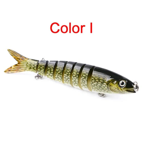 Multi-jointed pike fishing lure with light reflection and sound attraction features