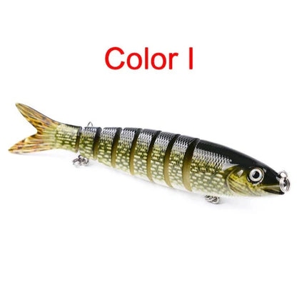 Multi-jointed pike fishing lure with light reflection and sound attraction features