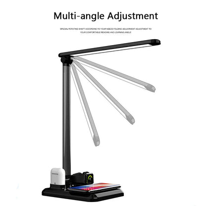 Multifunctional LED desk lamp with wireless charging station, adjustable lighting, and touch controls